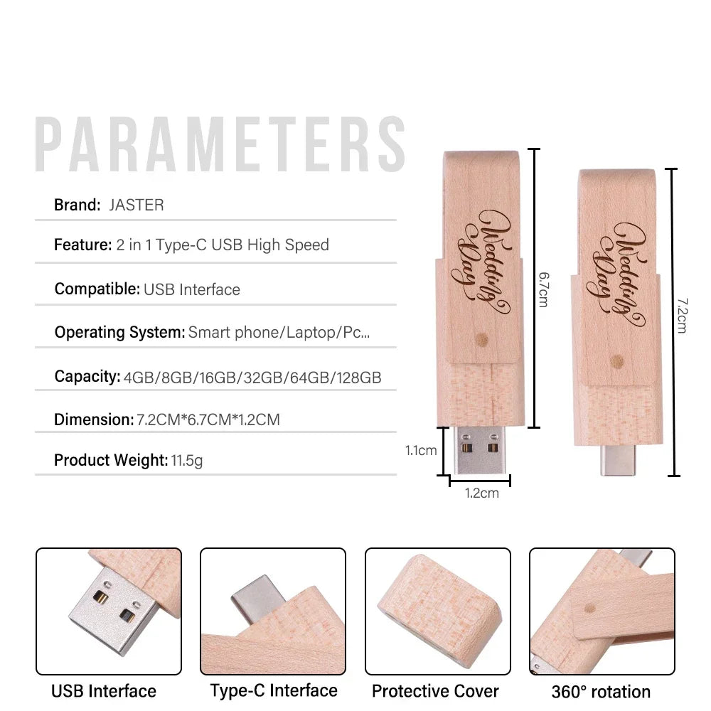 Wooden TYPE-C USB 3.0 Flash Drive Free Custom Logo Pen Drive 64GB Rotatable USB Stick 32GB Creative Business Gifts Pendrive 16GB