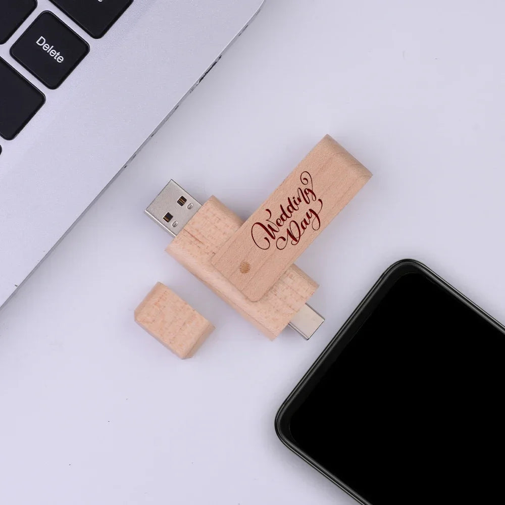 Wooden TYPE-C USB 3.0 Flash Drive Free Custom Logo Pen Drive 64GB Rotatable USB Stick 32GB Creative Business Gifts Pendrive 16GB