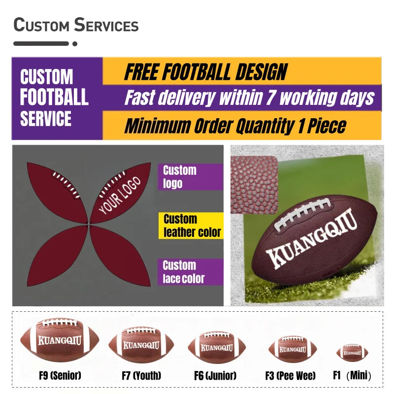 Premium Custom Logo Leather PU Rugby Ball - Professional Brown, White & Black Size 9 American Football for Training