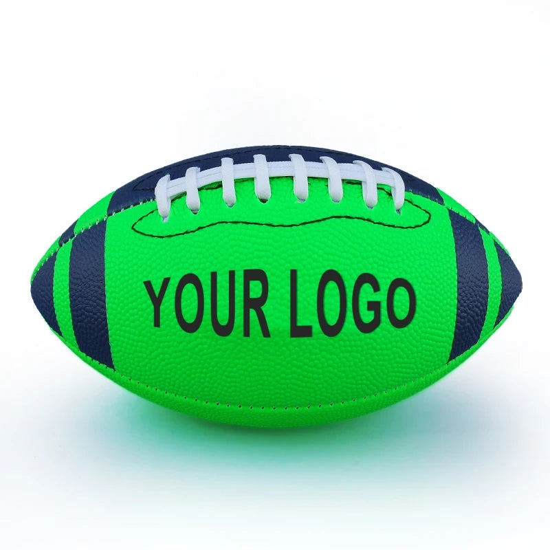 Premium Custom Logo Leather PU Rugby Ball - Professional Brown, White & Black Size 9 American Football for Training