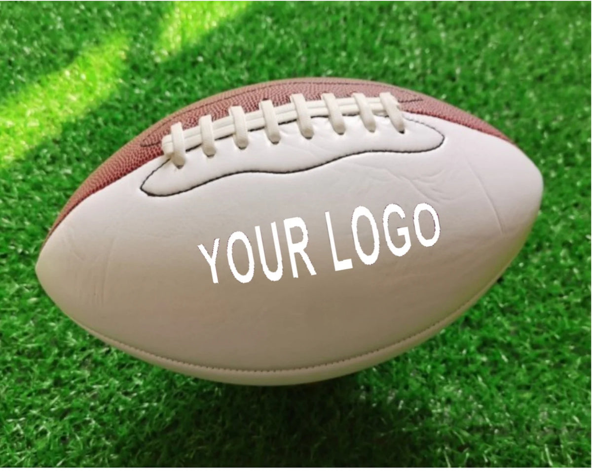 Premium Custom Logo Leather PU Rugby Ball - Professional Brown, White & Black Size 9 American Football for Training