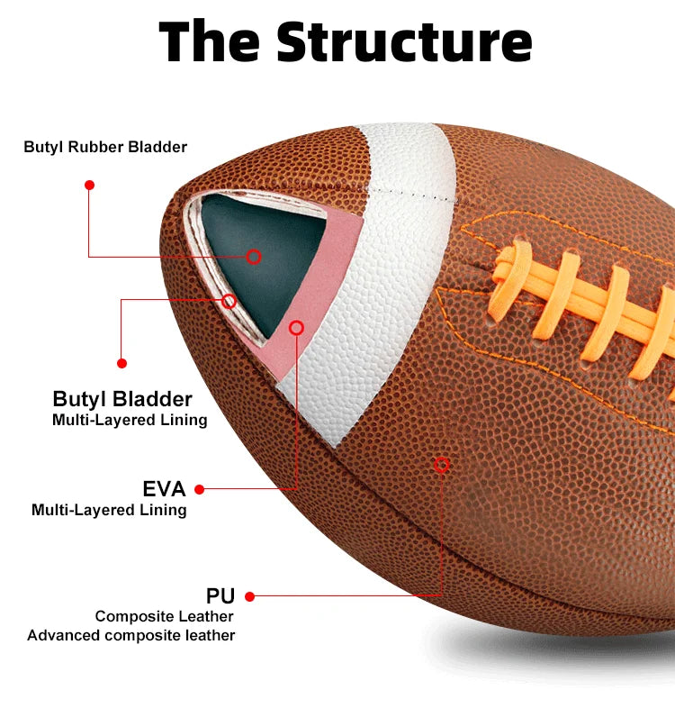 Premium Custom Logo Leather PU Rugby Ball - Professional Brown, White & Black Size 9 American Football for Training