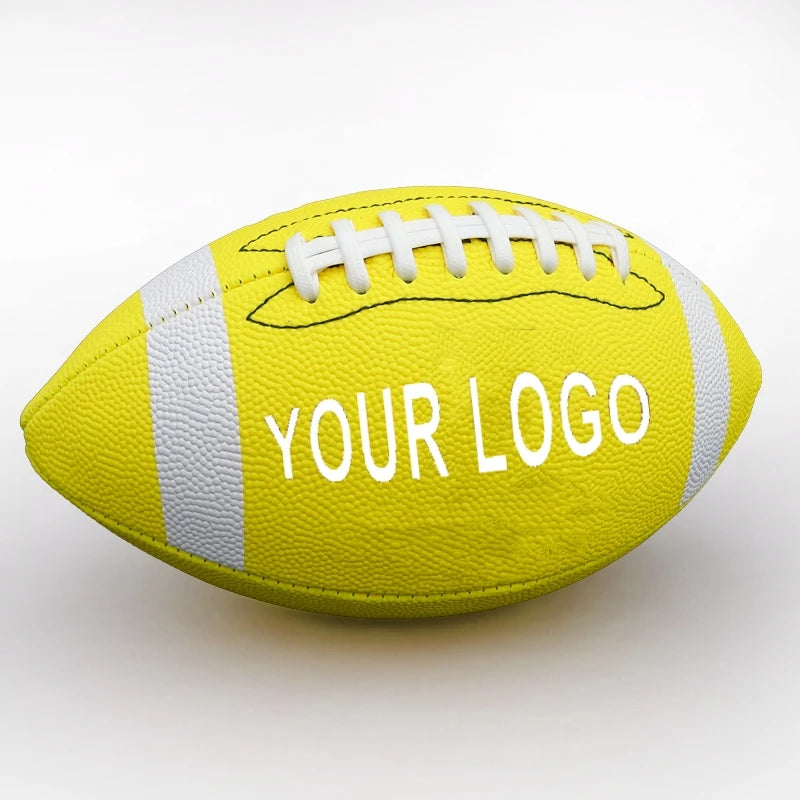 Premium Custom Logo Leather PU Rugby Ball - Professional Brown, White & Black Size 9 American Football for Training