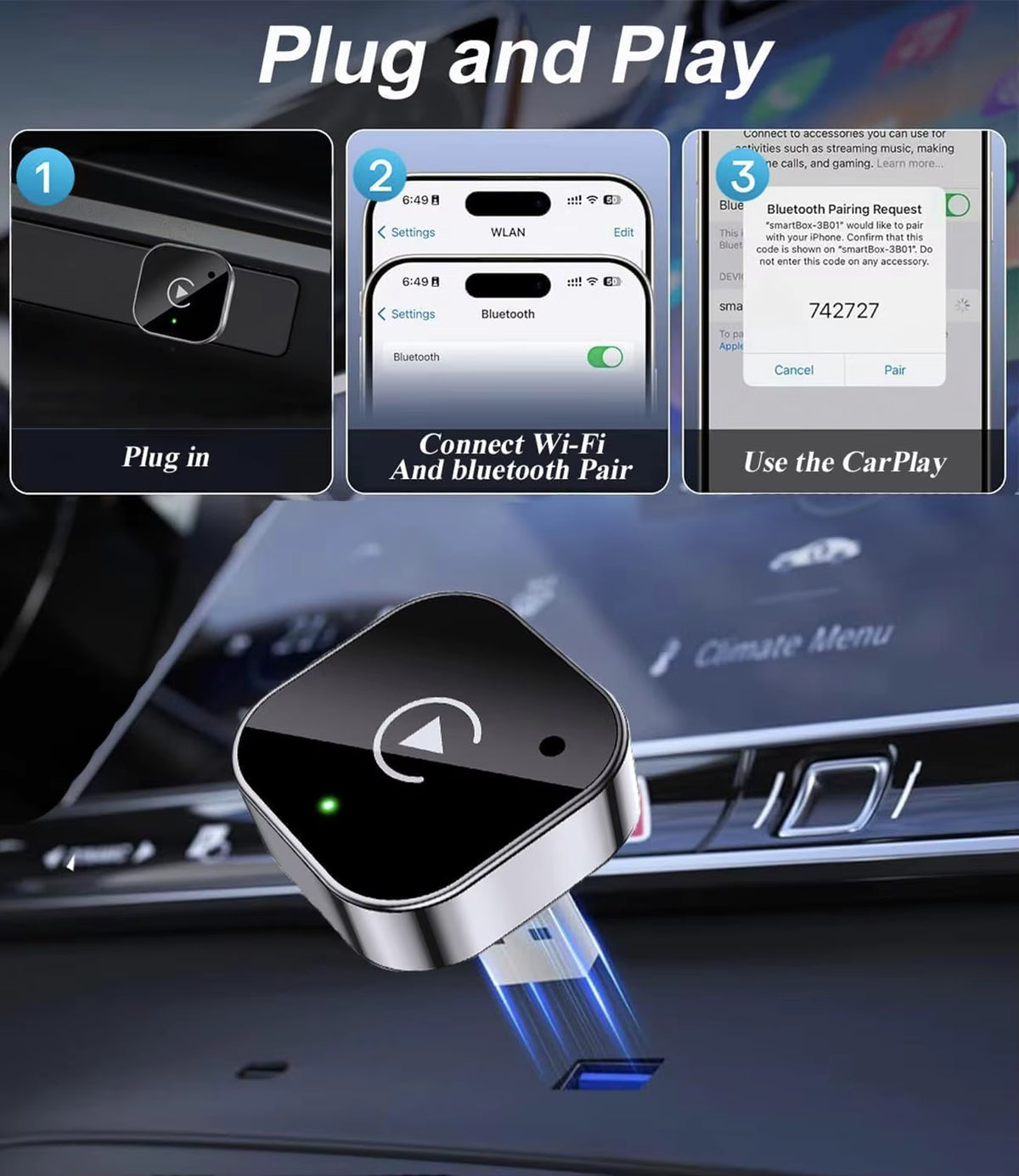 New 2In1 Wired to Wireless Carplay Adapter, Android Auto Dongle, High-Quality Car Accessory Smart Box 5Ghz Wifi Type-C/Usb