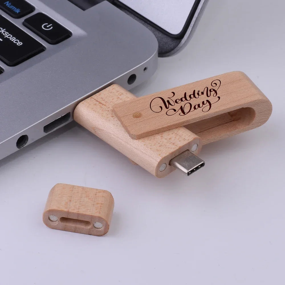 Wooden TYPE-C USB 3.0 Flash Drive Free Custom Logo Pen Drive 64GB Rotatable USB Stick 32GB Creative Business Gifts Pendrive 16GB