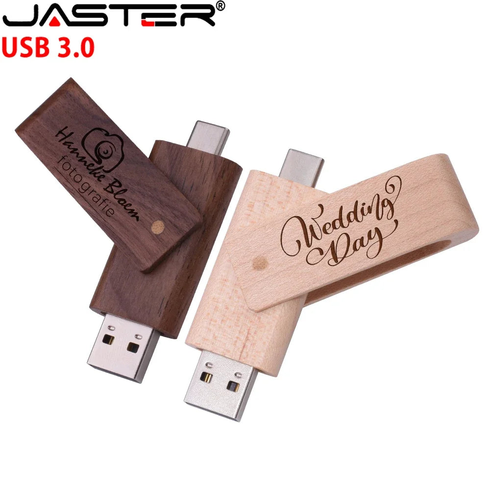 Wooden TYPE-C USB 3.0 Flash Drive Free Custom Logo Pen Drive 64GB Rotatable USB Stick 32GB Creative Business Gifts Pendrive 16GB