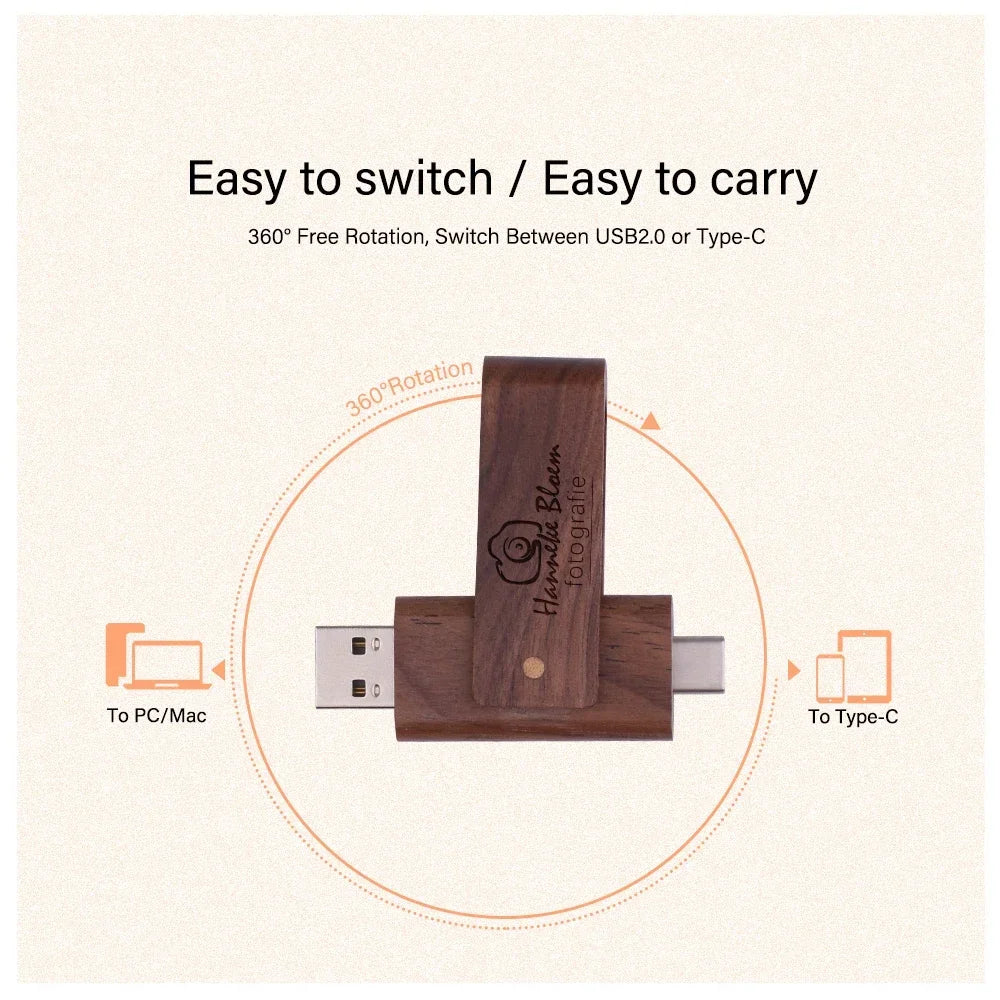 Wooden TYPE-C USB 3.0 Flash Drive Free Custom Logo Pen Drive 64GB Rotatable USB Stick 32GB Creative Business Gifts Pendrive 16GB